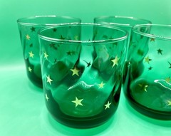 4 Vintage 90s Anchor Hocking Emerald Green Glasses Gold Star Swirl Celestial EUC