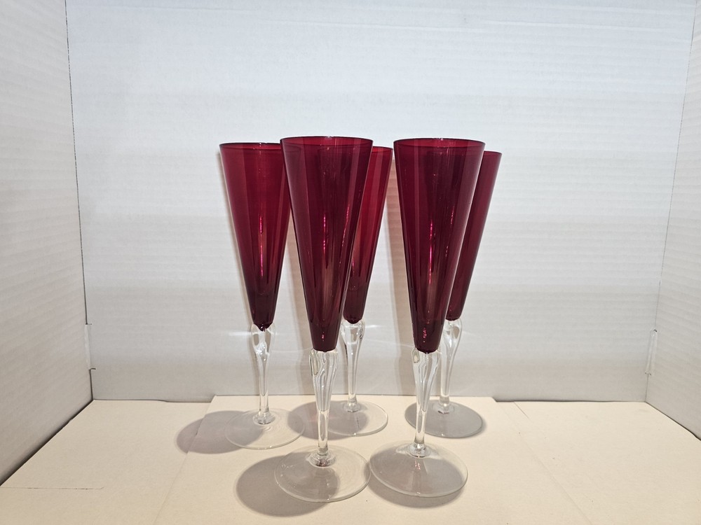 5 Crate & Barrel CTB7 Garnet Ruby Red Champagne Flutes Clear Stem Czech Glass