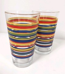 Libbey Fiesta Mambo Glasses Vintage Stripe Yellow Blue Green Red Set Of 2 MCM