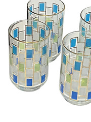 VTG MCM Libbey Juice Cocktail Glasses Nordic Pattern Blue Green Gold Set of 4