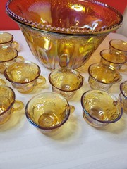 Vintage Indiana Iridescent Carnival Glass Marigold Punch Bowl Set 12 Grape Cups