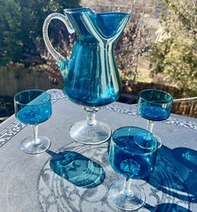 Twisted Stem Empoli Glass Teal Blue Pinched Cocktail Pitcher + 3 Cordials Italy