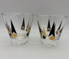 Vintage Anchor Hocking Golden Peaks Whiskey Glasses Pair Black Gold MCM 1964