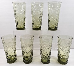 7) Libbey Aztec Olive Green 12 Oz Tumblers Lot Vintage Textured Crinkled MCM Lot