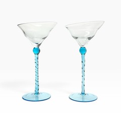 Vintage 2 Aqua Azure Blue Twisted Stem Slanted Wavy Bowl Martini Glasses 8” 6oz