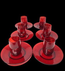 Vintage Set Of 6 Ruby Red Small Plates 6” And 4 Oz Glasses Translucent
