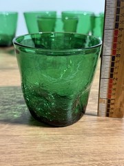 Vintage 70s Pilgrim Glass Green Crackle ~3.5″ Pinch Tumbler Set Of 7