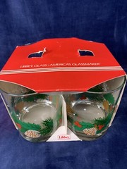 Vintage 4 Libbey Double Old Fashioned Glasses NOS Pine cones Holly