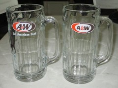 Vintage 1970s A&W Root Beer All American Food Heavy Glass 7″ Stein Soda Mugs Set
