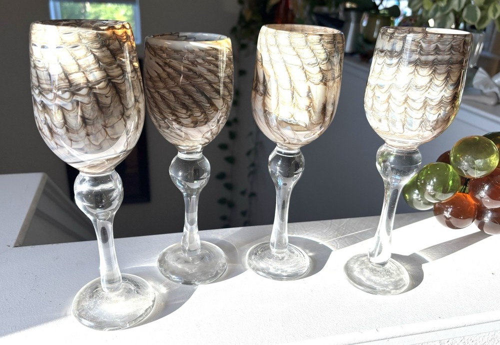 DOUG SWEET 1979 ART GLASS Set Of 4 HAND BLOWN Wine Glasses Pulled Feather SIGNED