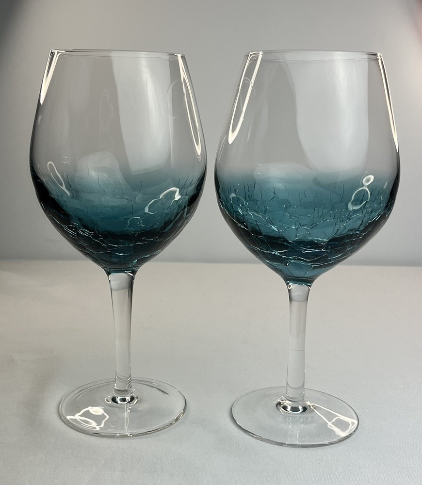 Pier 1 Crackle Teal Blue Balloon Red Wine Glasses Goblets, x2