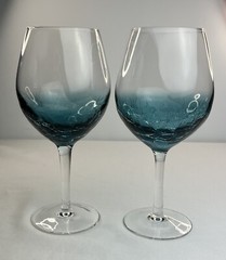 Pier 1 Crackle Teal Blue Balloon Red Wine Glasses Goblets, x2
