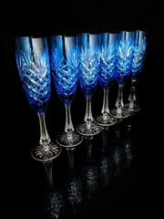 Faberge Sky Blue Colored Crystal Champagne Flutes Set of 6 NIB