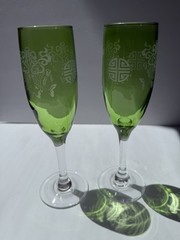 Green Champagne Flutes with Clear Stem Etched Asian Etchings Glasses Set Of 2