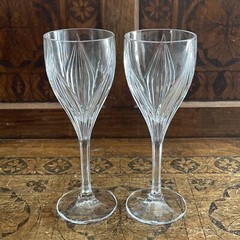 2 Gorham «Primrose» Crystal Wine Glass ~Vertical Cut Leaves ~Multifaceted Stem