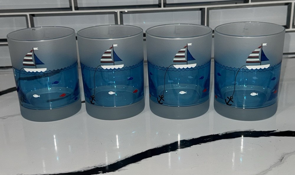 Culver Set of 4 Blue Frosted Nautical Sailboat Fish Anchor 4” DOF Glasses