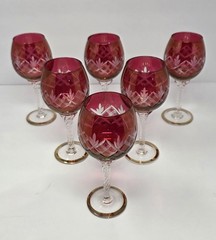 6 Vintage Red Cut Glass Romer Style Wine Glasses Twisted Stem & Gold Rim Base