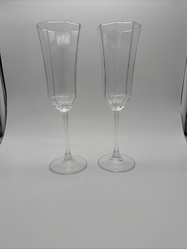 Arcoroc Octime Clear Stem Set of 2 Champagne Glasses Flutes 8.75″ 4 oz. France