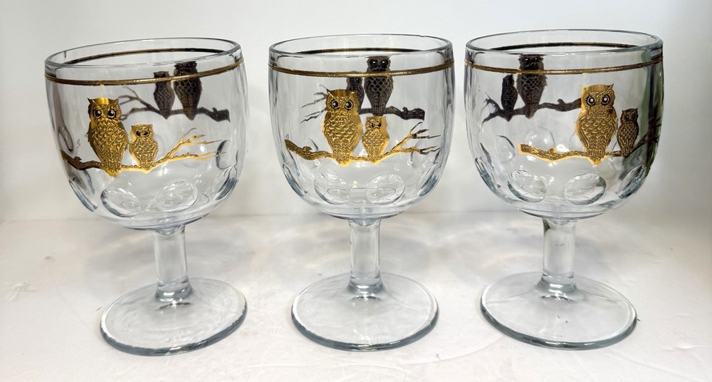 3 RARE Culver Mid Century 22k Gold Owl Glasses Goblets Thumbprint MCM Read