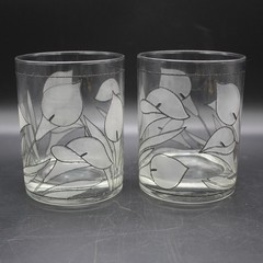 Vintage Culver Frosted Calla Lily Black Double Old Fashioned Rock Glass Set of 2