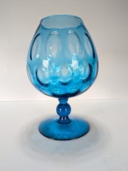 MCM Empoli Glass Blue Optic Brandy Snifter Oval/Thumbprint Hand Blown 1970 Italy