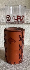 Libbey Bamco Western Cowboy Glass w/ Horse Head Tooled Leather 7.25” 1960’s EUC