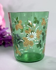 Antique Moser Type Tumbler Gold Leaves Scrolls 19thC 2.75”H Bohemia