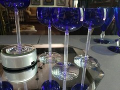 (7) «Rhine Wine» glasses 6″, Fostoria «Classic Cobalt Blue» clear stem 6011 RARE