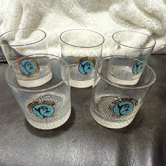 Clear Glass Rocks Glasses Set of 5 Blue Fish Pattern Gold Rim Textured Base