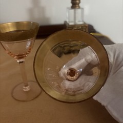 Two (2) Tiffin-Franciscan Pink Optic Cordial Glasses with 22k Gold Floral Band
