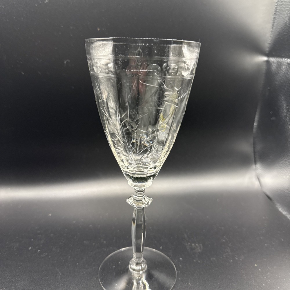 Vintage Etched Crystal Wine Goblets Set of 6 Wheat Laurel Leaf Geometric Stem 8”
