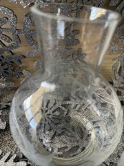 VTG 2pc Clear Etched Carafe & Glass Bedside Set (Grapes & Vine 7X4.5” Rd)