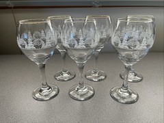 Arby’s Vintage Set of 6 LIBBEY Christmas Tree Winter Gold Rim Wine Goblets