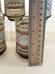 Vintage Lot of 5 Glass Tumbler Juice Glasses Weave Stripe Pattern Amber Mcm