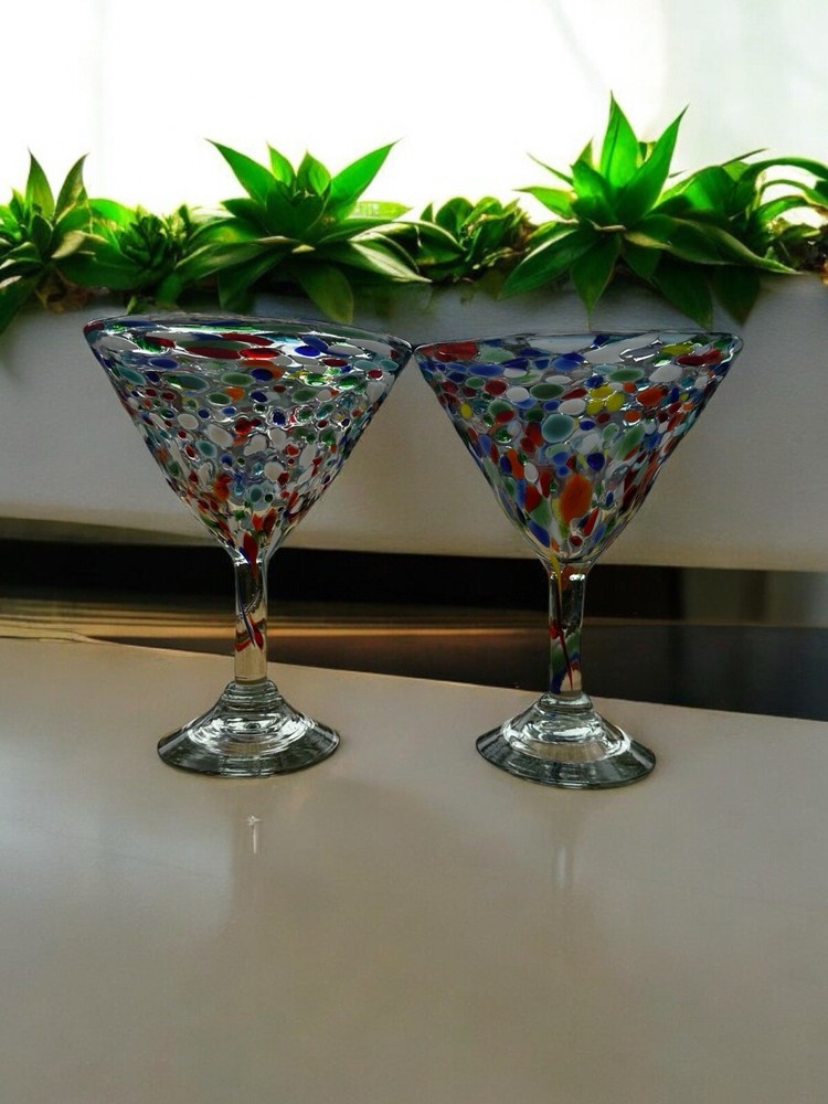 Set of 2 Hand-Blown Mexican Martini Glasses – 7” Tall, 14 oz, Rock Texture