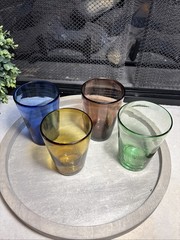 Set of 4 Hand Blown Mexican Art Drinking Glass Tumblers -Amber Blue Green Brown