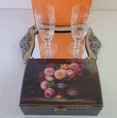 Short Etched Champagne Flutes Button Base in VTG Hinged Plastic Decoupage Box