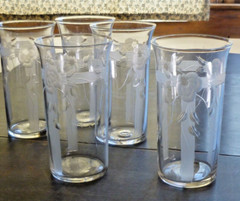Elegant blown glass tumblers set of 5 etched ribbon & rose, antique circa 1900