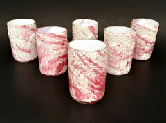 SET 6 Antique NORTHWOOD Glass «LEAF MOLD» Cased Cranberry Mica Tumblers EAPG