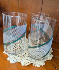 Vintage, MCM Green Swirl/White Ribbed Clear Tumbler , Baird 4.75 In Set Of 3