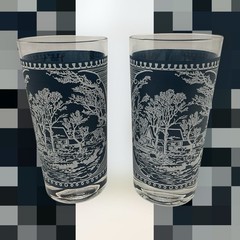 Currier and Ives «Old Grist Mill» Blue and White Matte Drinking Glasses VTG (2)