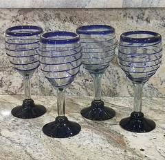 4 Set Cobalt Blue Line Hand Blown Glasses Wine Water Goblets 9 oz EXCELLENT COND