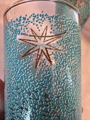 Vintage Libby Atomic Starburst Turquoise Blue Gold MCM Glass Tumbler Set 4 Box
