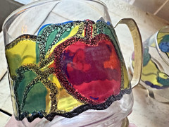 2 Vintage Libbey Stained Glass Cups Mugs with Metal Handle Fruit Design