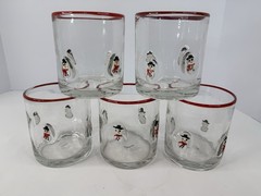 Hand Blown Glass Snowman Tumblers Red Rim Rocks Glasses Art Glass Set of 6
