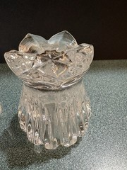 Gorham Crystal Lotus Salt Pepper Set Clear Cut 2 3/4″ T Plastic Plugs 1990-94