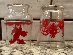 Vintage Red Rooster Double Shot Or Juice Glasses, Set Of Two Different