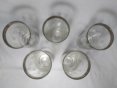 5Vtg MCM Highball Drinking Glasses Silver Rim Etched Ovals Dashes Dorothy Thorpe