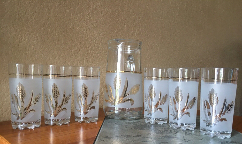 VINTAGE Frosted Glass DeValBor Pitcher 6 Glasses Golden Wheat Spikelets Preowned