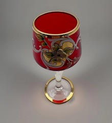 Bohemian Czech Glass Red Gold Overlay Blue Enamel Flower Cordial Shot Aperitif